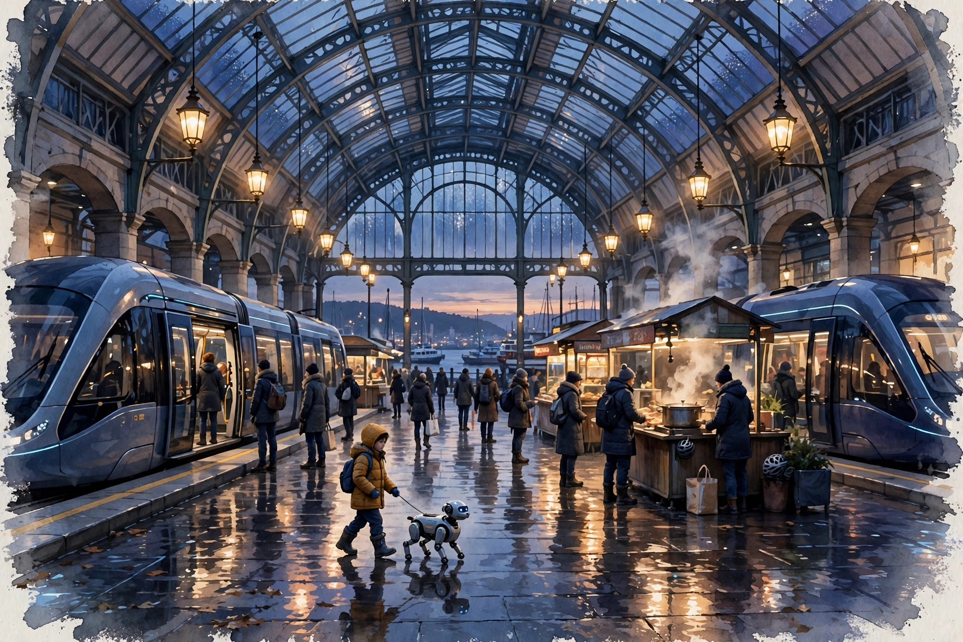 Painting: Cedar Interchange at dusk — a vaulted glass concourse, trams at the platforms, food stalls steaming in the lamplight, and a child walking a small companion home