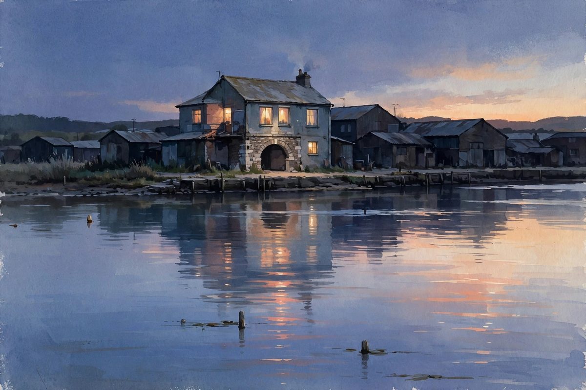 Illustration: Lantern Works across the harbour at dusk, lamplit windows in a modest, maintained workshop building